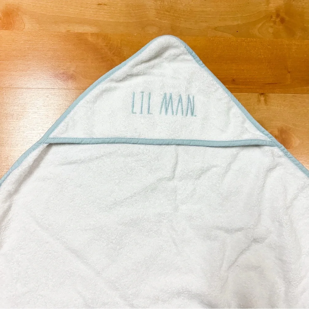 Rae Dunn White & Light Blue “Lil Man” Terrycloth Hooded Towel NWOT